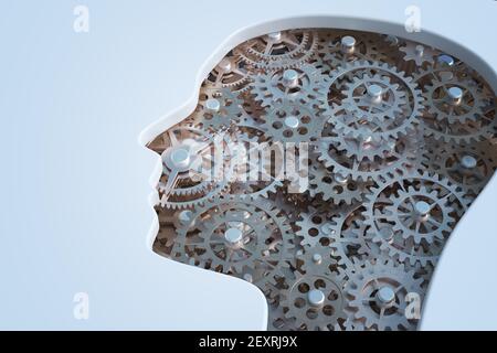 Zahnräder und Zahnräder im Kopf des Menschen. Intelligenz und Psychologie Konzept. 3D gerenderte Abbildung. Stockfoto