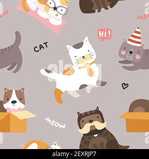 Katzenmuster. Niedliche Kätzchen, lustig verspielt Haustiere nahtlose Vektor kindliche Textil-Textur. PET Katze Miow, Tier Muster Textil Illustration Stock Vektor