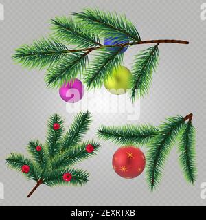 Vektor realistische weihnachten Tannenzweige mit Kugeln und Beeren isoliert auf transparentem Hintergrund. Weihnachtsbaum Zweig immergrün, Glitter Licht Spielzeug Illustration Stock Vektor