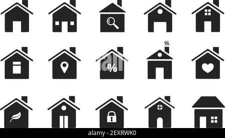 Home-Symbole. Schwarze flache Häuser Formen. Häuser Silhouetten Symbole der Homepage, Web-Buttons. Einfache Gebäude. Vektor-Schilder Gehäuse Illustration Immobilien Silhouette verschiedene Stock Vektor