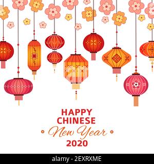 Chinesisches Neujahr Hintergrund. Asiatische Laternen, Sakura Zweige und Musterblumen. 2020 Lunar glückliches neues Jahr Vektor abstraktes Konzept. Illustration Laterne china japanisch, chinesische Blume hängend Stock Vektor