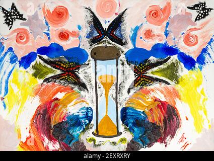 Abstrakte Malerei mit lebendigen Farben Schmetterlinge und Sanduhr Stockfoto
