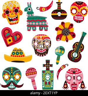 Tag des Todes. Dekorative Totenköpfe, Gitarre und Sombrero, Lama und Paprika, Herz und Grab. Mexikanische Dia de los muertos Vektor-Set. Illustration mexikanische Schädel, mexiko Festival Urlaub Stock Vektor
