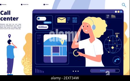 Callcenter. Kunden chatten mit Support-Betreiber, Berater helfen Kunden. Telemarketing Digital Online Business Vektor Landing Page. Beratung zur Bedienerkommunikation, Darstellung des Koordinators Stock Vektor