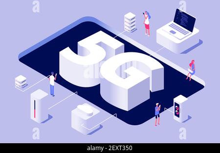 5G Konzept. Vector 5G Wireless-Technologie Illustration mit winzigen Menschen Laptop Cloud-Speicher. 5G Technologie isometrisch, Laptop-Anschluss an das Internet Stock Vektor