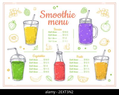 Smoothie-Menü. Kalte Getränke, sommerliche Shakes und Cocktails. Skizze Limonade und gesunde Ernährung Getränke. Obst Beeren Saft Vektor Poster. Illustration Smoothie-Menü, Limonade Getränk, Saft Cocktail Stock Vektor