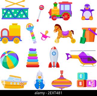 Kinderspielzeug. Trommel und Zug, Pinguin und LKW, Ball und Schiff, Hubschrauber und Rassel, Schnuller und Würfel, Rakete. Kinder Spielzeug Vektor-Set. Illustration Kinder Spielzeug, Rakete, LKW, Schiff und Trommel Stock Vektor