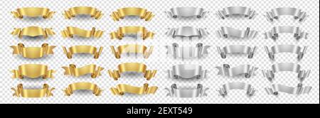 Bannerband. Gold Silber Bänder Vektor-Set. Metallische Banner isoliert auf transparentem Hintergrund. Illustration Band Gold und Silber Design Dekoration Stock Vektor
