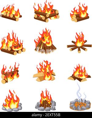 Cartoon Lagerfeuer. Sommer Lagerfeuer Flamme mit Brennholz. Brennendes gestapeltes Holz. Flat Gaming Camping Design isoliert Vektor-Set. Brennholz und Lagerfeuer, brennende Flamme, Lagerfeuer Illustration Stock Vektor