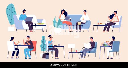 Menschen essen. Frauen Männer entspannen mit Essen. Flat Vektor Menschen im Restaurant, Café, Food Court. Restaurant mit Menschen sitzen am Tisch Illustration Stock Vektor