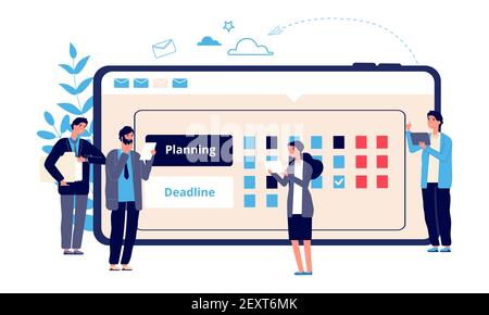 Terminkonzept. Business Entrepreneurship, Online-Arbeitsplanung. Flache Unternehmer planen ihre Arbeit. Vector Geschäftsfiguren und Online-Kalender. Illustration Arbeitsplaner, Agenda Kalender Stock Vektor