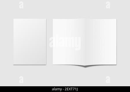 Realistische blanke A4-Bifold-Broschüre für Mockup. Papierabbildung. 3D Rendern. Stockfoto