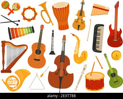 Musikinstrumente. Musiksoundinstrument, Harfe und Flöte, Synthesizer und Trommel. Grafik instrumental Spielzeug. Vektor Melodie Festival Set. Illustration Synthesizer und Flöte, Gitarre und Harfe Stock Vektor
