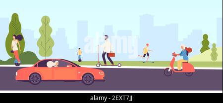 Menschen beim Reiten. Mann Frau mit Elektrofahrzeugen fahren Motorrad Skateboard Roller Skate. Glückliches Mädchen fährt Auto. Vector Stadtpark Landschaft mit Zeichen. Illustration Roller Elektro, Fahrt Transport Stock Vektor