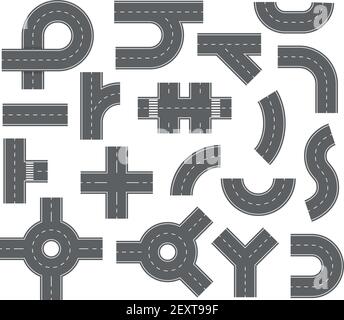 Straßenelemente. Straßen und Straßen mit Fußwegen und Kreuzungen für Stadtplan. Speedway Navigation Draufsicht Vektorset. Autobahn, Plan Verkehr Speedway, Kreuzung Straße Illustration Stock Vektor