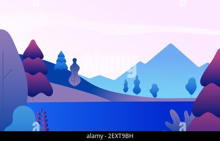 Flache Berglandschaft. Naturpanorama mit Berggipfeln, See und Bäumen am Abend. Minimalistischer abstrakter Vektorhintergrund. Landschaft Panorama Himmel, Outdoor Natur Berg Illustration Stock Vektor