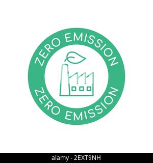 Zero Emission Werkslogo. Industriegebäude Schornstein mit grünem Blatt in einem Kreis. Null-Emissions-Zeichen, Symbol, Symbol. Saubere Industrie. Vektor Stock Vektor