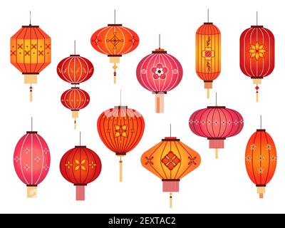 Chinesische Laternen. Chinatown und japanische Straße Urlaub rote Lampe Dekoration. Asiatische traditionelle Neujahr Vektor-Elemente auf weiß isoliert Stock Vektor