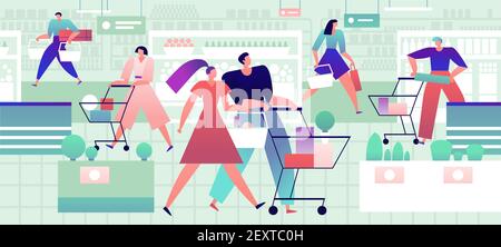 Menschen im Lebensmittelgeschäft. Männer und Frauen mit Einkaufswagen und Taschen kaufen Lebensmittel im Supermarkt. Vektorkonzept für den Einzelhandel. Supermarkt und Lebensmitteleinzelhandel, Mann und Frau mit Karren Illustration Stock Vektor