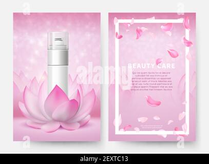 Kosmetische Banner. Hautpflege Kosmetik Vektor Flyer Vorlage. Shaving Foam Flasche Sprayer Behälter in Lotusblume und rosa fliegende Blütenblätter. Hautcreme Kosmetik, Flasche Werbung Illustration Stock Vektor