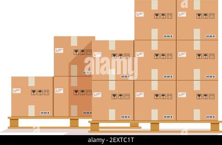 Palette für Flachboxen. Karton, Cargo Holzpaletten und Pakete. Lager stapeln Kartons zur Anlieferung. Vektorpapier Behälter Abbildung. Karton Container Paket, Frachtkarton Stock Vektor