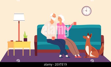 Ein älteres Paar. Hygge Familie Abend Vektor-Konzept. Alter Mann Frau Hund im Wohnzimmer. Illustration Großvater und Großmutter mit Haustier Stock Vektor