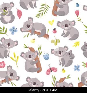 Koala Nahtloses Muster. Cartoon niedlich australischen Bär Textur. Waldtiere mit Eukalyptusbäumen und Blättern. Vektor-Kind Zoo Hintergrund australischen Koala, niedlichen Tier klettern Illustration Stock Vektor