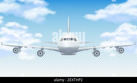 Flugzeug. Realistische 3D Flugzeug fliegen in blauen Himmel. White Cargo Flugzeuge oder Verkehrsflugzeug und Wolken Vektor Hintergrund. Illustration Flugzeug Flug in der Luft, Flugzeug und Flugzeug reisen Stock Vektor