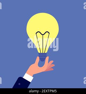 Hand mit Glühbirne. Geschäftsmann mit glühender Lampe. Kreative Idee Brainstorming und Innovation, neue Lösung. Vektor-Flat-Konzept. Glühbirne Lösung, kreative Innovation in der Hand Illustration Stock Vektor