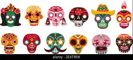 Tottagsschädel. Mexikanische Zucker menschlichen Kopf Knochen halloween Tattoo Dia de los muertos Vektor-Set. Illustration Todeskopf, halloween Menschenkopf, mexiko Muster bunt Stock Vektor