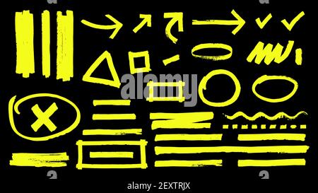 Textmarkierungen. Von Hand gezeichnete gelbe Markierungszeichen. Vektor Textmarker Striche Pfeile Runden isoliert auf schwarzem Hintergrund. Handgeschriebener Textmarker und Scribble unterstreichen die Illustration Stock Vektor