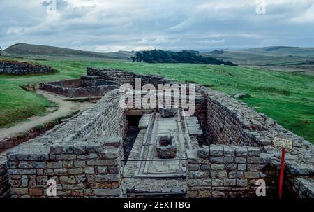 Ruinen der römischen Festung „Vercovicium“ oder ‘„Borcovicium“ in Housesteads, 37. km von Hadrians Mauer für die Legion ‘„Augusta“ von 2.. Überreste einer römischen Verteidigungsfestung, bekannt als Hadrianmauer, die insgesamt etwa 118 km mit einer Anzahl von Festungen, Burgen und Türmchen zurückliegt. Winkelturm und Latrinen. Archivscan von einem Dia. September 1972. Stockfoto