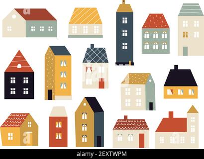 Cartoon-Häuser. Verschiedene kleine niedliche Häuser, einfache Hausfassade mit Türen und Fenstern, Gebäude außen, Cottage Village farbigen Vektor-Set. Architektur Gebäude bunt, Haus Fassade Illustration Stock Vektor