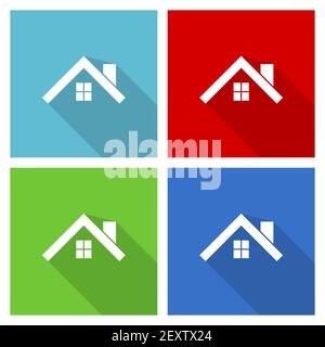 Haus, Dach und Fenster Icon Set, flache Design-Vektor-Illustration in eps 10 für webdesign und mobile Anwendungen in vier Farboptionen Stock Vektor