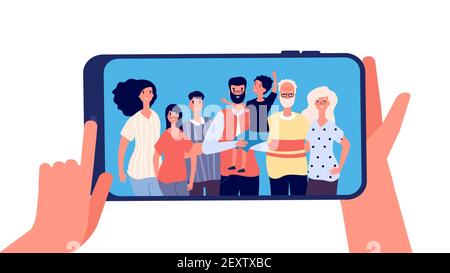Telefon mit Familienfoto. Hände halten Smartphone mit glücklich lächelnd grands Mutter Vater Kinder zusammen. Unter Familie Selfie, Erinnerungen Vektor-Konzept. Illustration Familie Smartphone Selfie Foto Stock Vektor