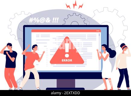 Computerfehler. Warnungen nicht verfügbare Seite Benutzer, Aufmerksamkeit Symbol Warnungen des Problems, wütend Clients in der Nähe Monitor-Gerät, Vektor-Konzept. Computerfehler, Warnmeldung, Abbildung der Sicherheitswarnung Stock Vektor