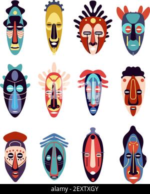 Afrikanische Maske. Bunte ethnische Stammes rituelle Masken in verschiedenen Formen, zeremonielle hawaiian, aztec Tiki Totem indigenen flachen Vektor-Set. Illustration Ethnische und afrikanische Maske Stammesgesicht Stock Vektor