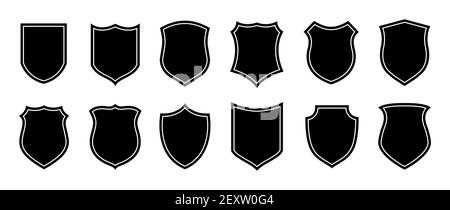Form des Polizeiausweises. Vektor militärische Schild Silhouetten. Sicherheit, Fußball-Patches isoliert auf weißem Hintergrund. Illustration Schild Form Schutz, schwarze Sicherheit und Fußball-Abzeichen Stock Vektor