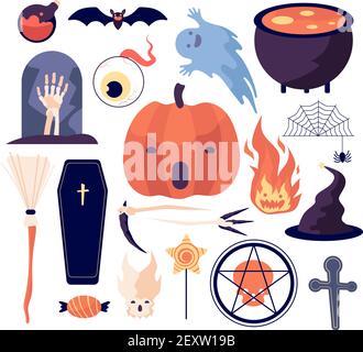 Halloween-Set. Spinnennetz und Kürbis, Fledermaus und Sarg, Grab und Mond, Besen und Schädel, tote Hand und Kerze, Auge und Feuer Vektor-Set. Illustration gruselige halloween, Schädel und Augapfel, Feuer und Grab Stock Vektor