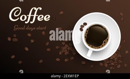 Kaffee Top View Tasse. Realistische Tasse und Kaffeebohnen Banner Vorlage. Vektor geröstete Bohnen Hintergrund. Tasse Koffein Espresso, Kaffee Heißgetränk Illustration Stock Vektor