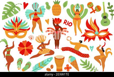 Brasilianischer Karneval. Latino männlich weiblich, brasilien Kostüme. Gitarre, Tanzdame und Maske. Show oder Samba Party. Vektorelemente für Sommerveranstaltungen. Kostümmarneval, Latino und brasilianische Party zeigen Illustration Stock Vektor