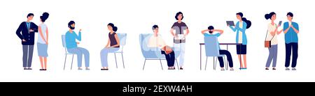 Kommunikationskonzept. Konferenzteilnehmer. Vektor flache Zeichen, Personen mit Telefon, Bücher, Tabletten diskutieren. Kommunikation Menschen, Büro Diskussion Community Illustration Stock Vektor