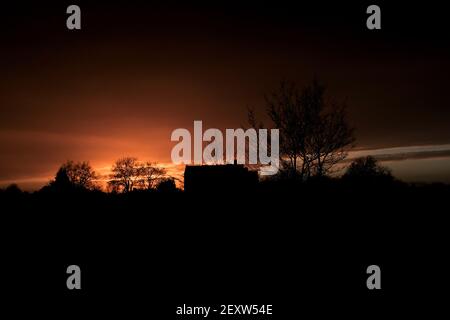 Die Sonne geht im Wanstead Flats Park in East London unter. Die Hauptstadt bereitet sich darauf vor, einige Lockdown-Maßnahmen zu erleichtern, als Firs - Foto .LiveMedia/Alberto Pezzali Stockfoto