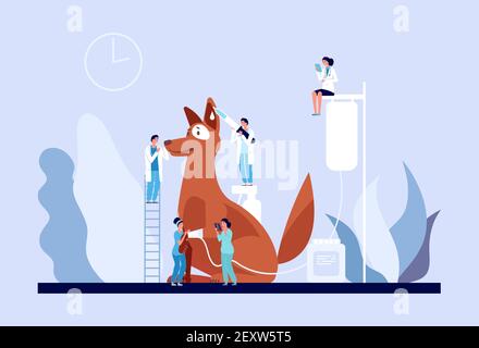Veterinärkonzept. Tierarzt Klinik, kleine Ärzte Pflege Welpen. Tierarzt Dienstleistungen für Haustiere, medizinische Versorgung für Hund Vektor Illustration. Hund Besuch Tierarzt Fachprüfung Stock Vektor