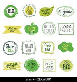 Eco-Embleme. Vegane grüne Bio-Lebensmittel, glutenfreie Naturprodukt-Etiketten. Bio gesunde essen Abzeichen Vektor-Set. Eco und Bio-Emblem, natürliche vegetarische Aufkleber Illustration Stock Vektor