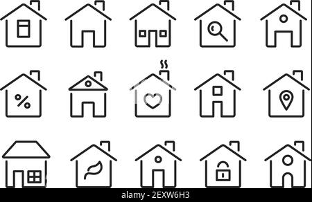 Home-Symbole. Dünne Linie moderne Häuser, Häuser mit Dach, Fenstertüren. Flat Hotel Cottage Residence Symbole. Isolierte Vektorzeichen gesetzt. Illustration Gebäude Hypothek, Architektur städtischen Ikonen Haus Stock Vektor