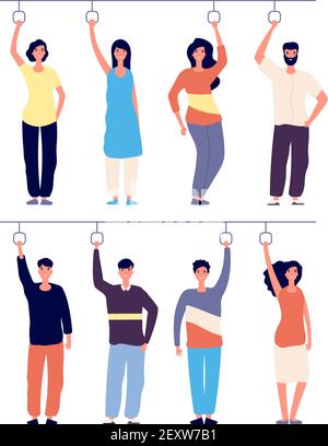 Personen mit Busgriffen. Diverse Menschen in der U-Bahn, Fahrgäste im öffentlichen Verkehr stehen in der Bahn, Tram Vektor-Konzept. Die Menschen bleiben in Zug U-Bahn, U-Bahn oder öffentlichen Verkehrsmitteln Illustration Stock Vektor