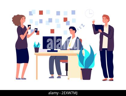 Schläfriger Mann. Müde Manager schlafen am Arbeitsplatz. Kollegen wollen schlafende Mitarbeiter wecken. Flat Business Office Zeichen, Zeitmanagement, Stichtag Vektor Illustration. Mitarbeiter überfordert schläfrig Stock Vektor