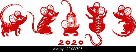 Neujahr 2020 Ratte. Chinesische Tierkreis Ratten, asiatische rote Maus Kalender-Symbole mit Muster. Isolierte Vektor-Satz von chinesischen Maus, Ratte china Illustration Stock Vektor