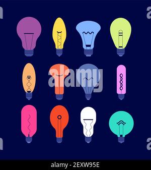 Verschiedene Glühlampen. Kreative Idee bunte Lampen, minimale Lampen Vektor isoliert gesetzt. Illustration Lampe Strom, elektrische helle Glühbirne mit anderen Farben Stock Vektor